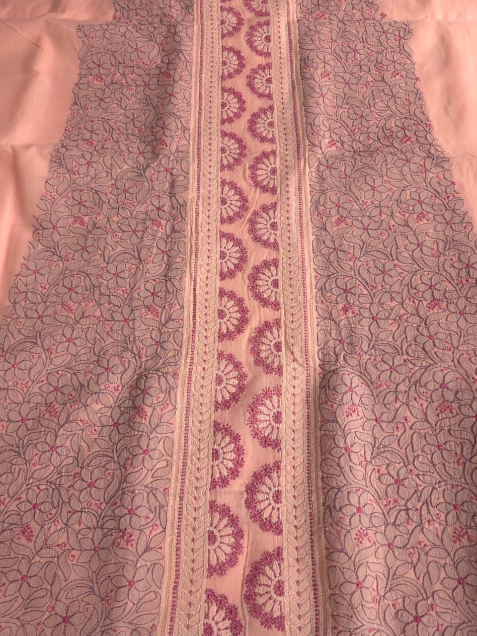 Peach color designer full set with contrast superfine chikankari