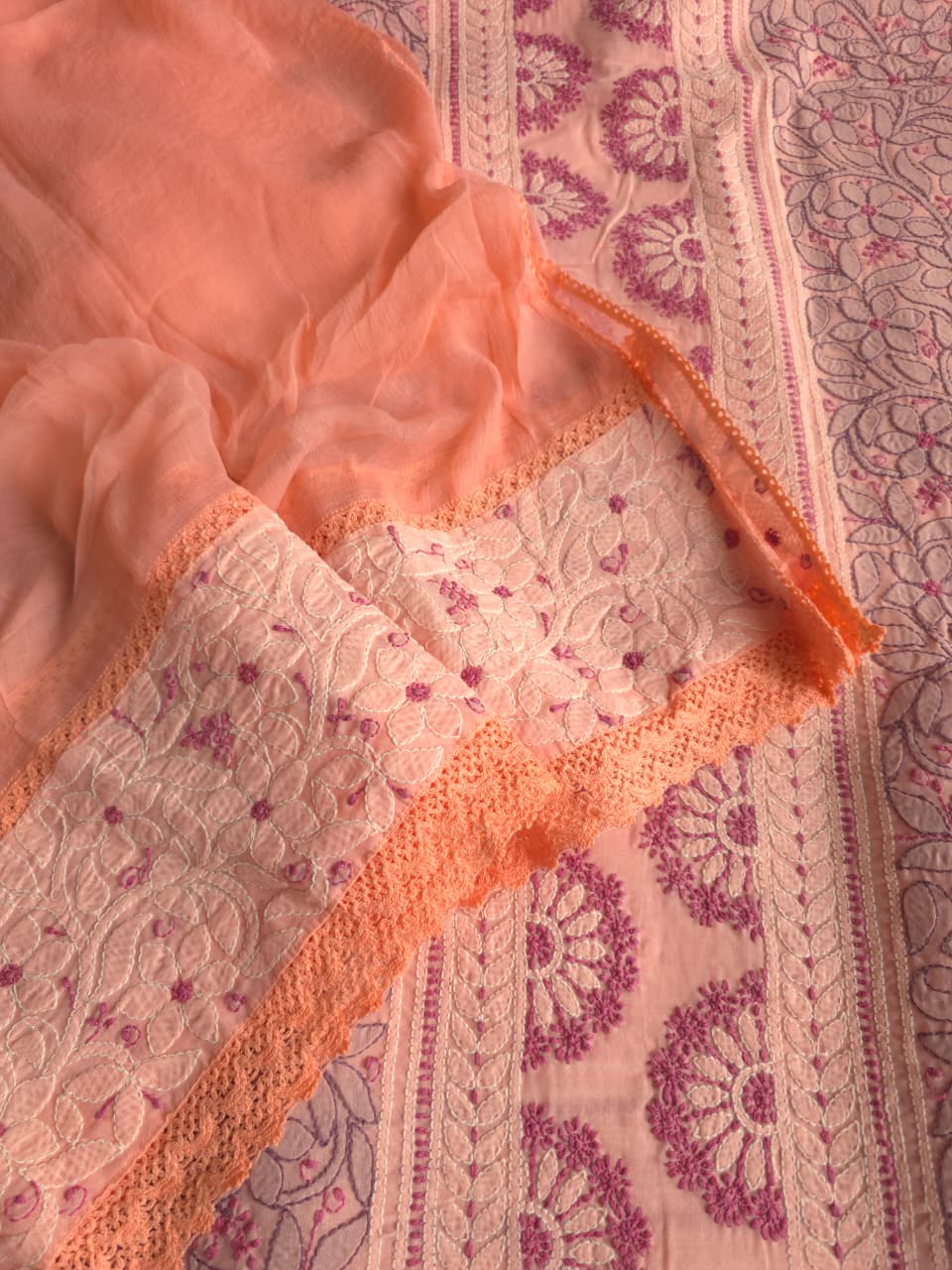 Peach color designer full set with contrast superfine chikankari