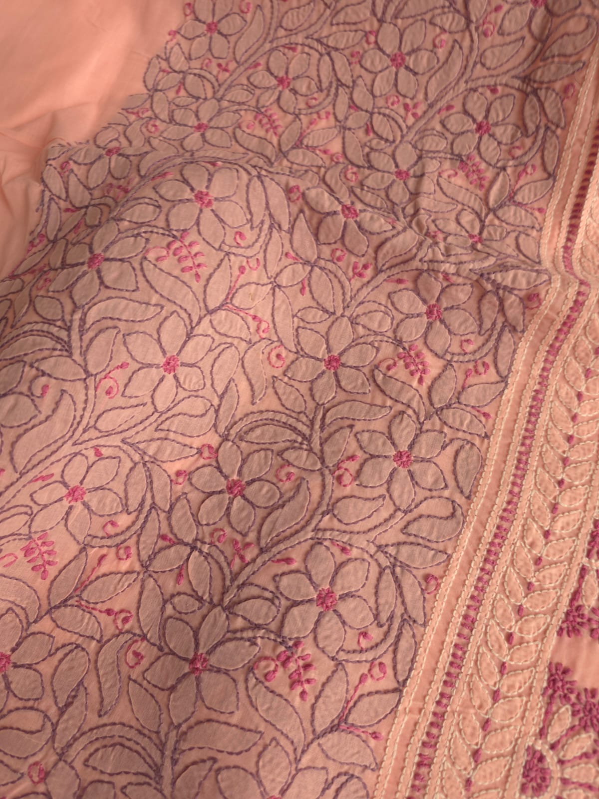 Peach color designer full set with contrast superfine chikankari