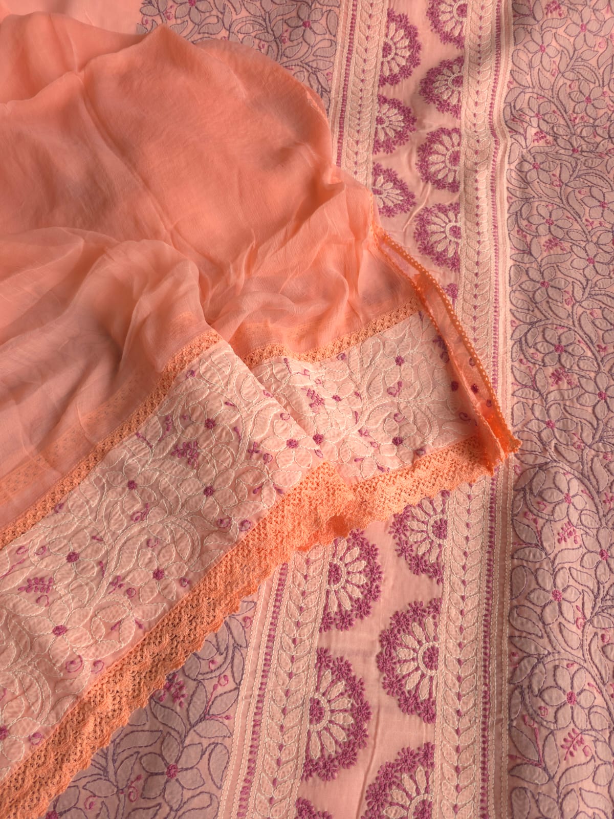 Peach color designer full set with contrast superfine chikankari