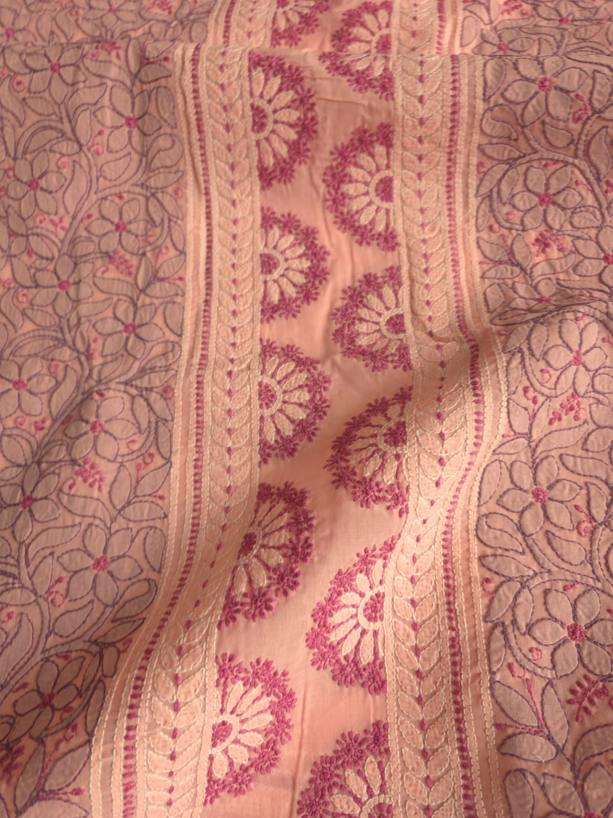 Peach color designer full set with contrast superfine chikankari