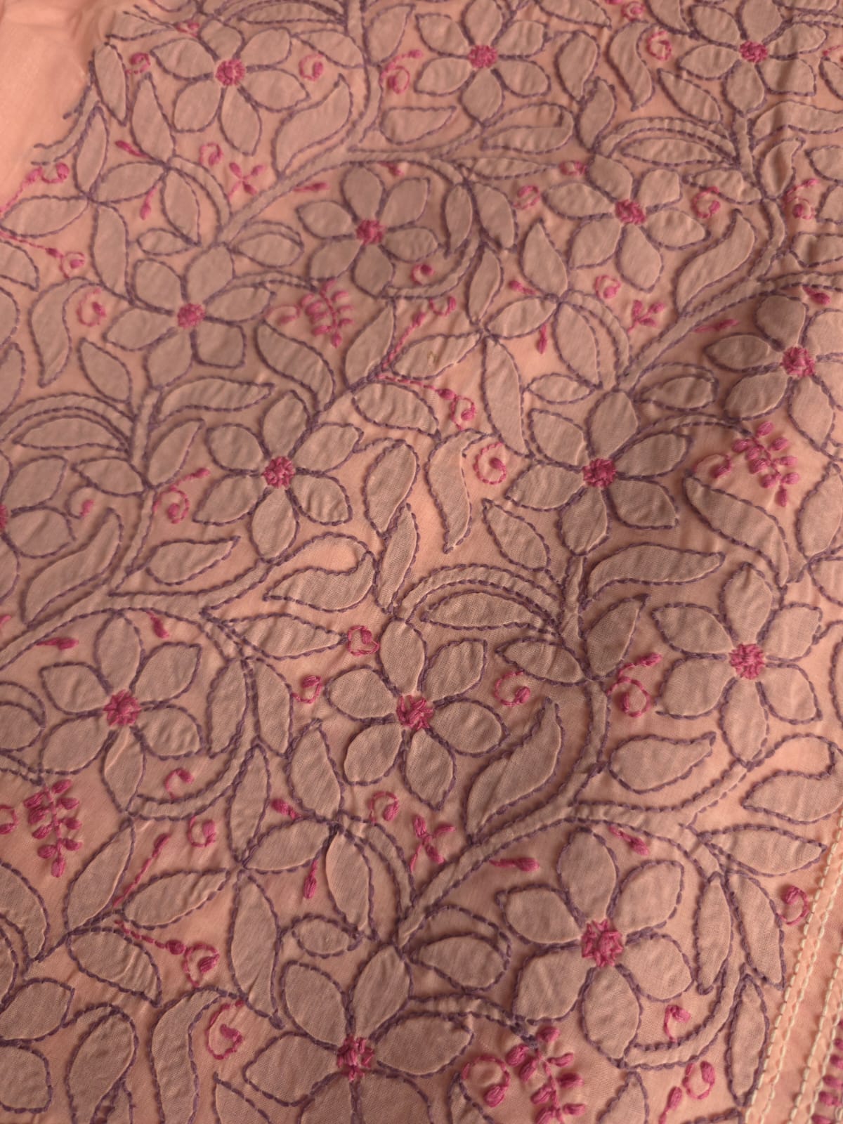 Peach color designer full set with contrast superfine chikankari
