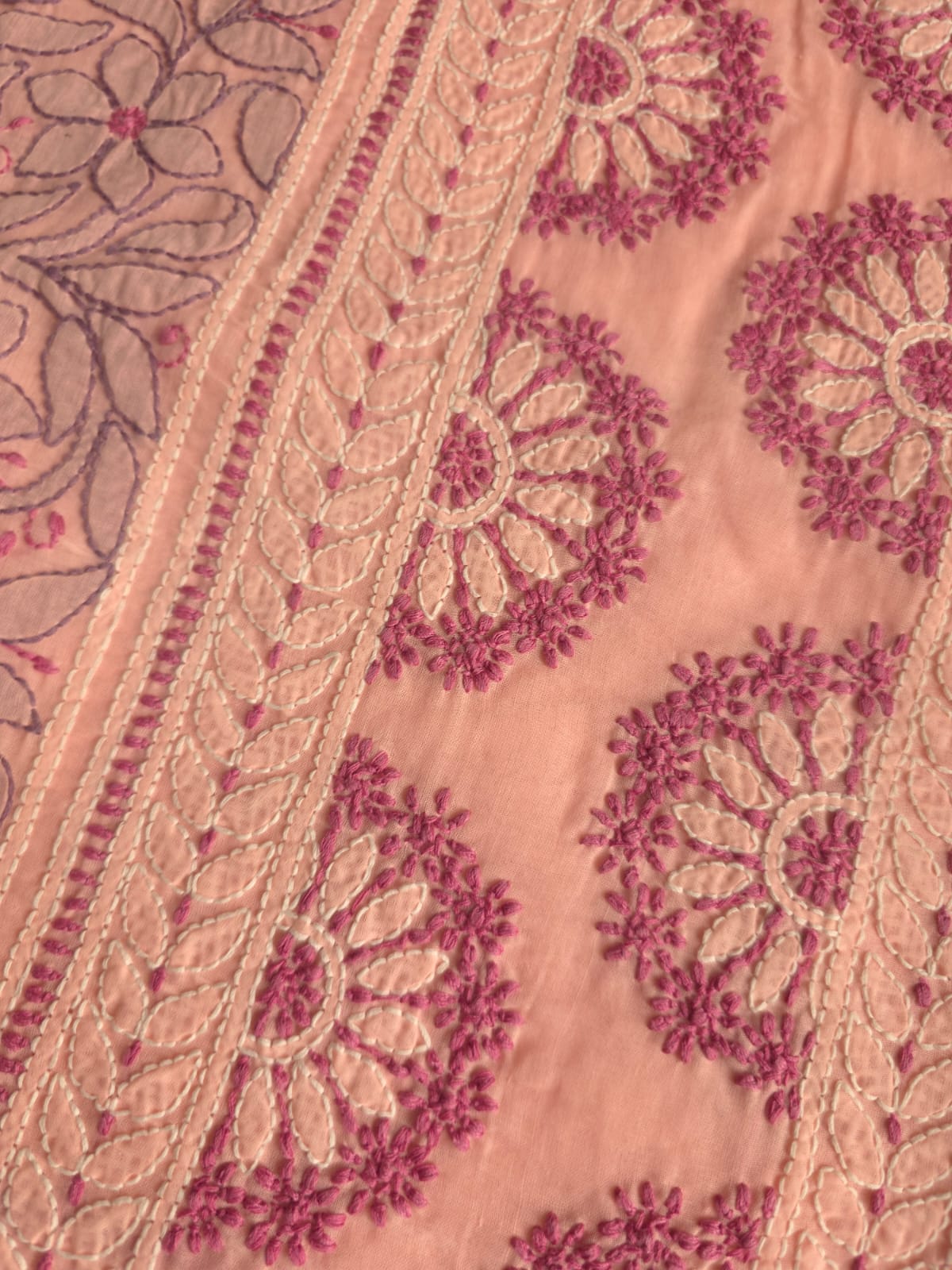 Peach color designer full set with contrast superfine chikankari