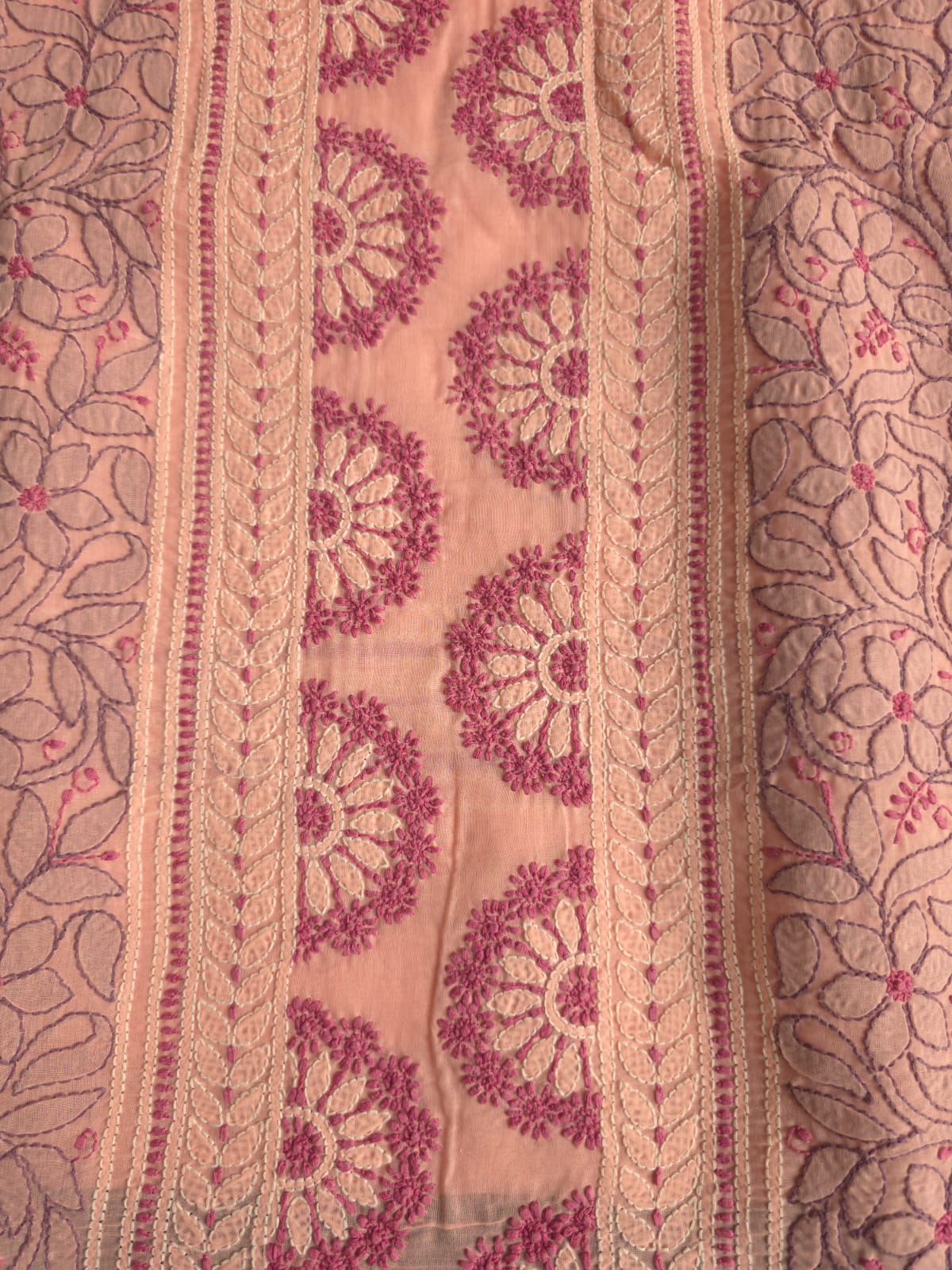 Peach color designer full set with contrast superfine chikankari