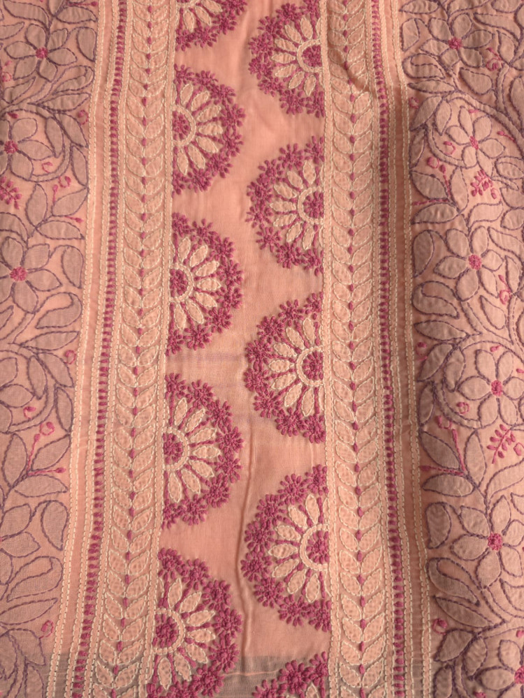Image of Peach color designer full set with contrast superfine chikankari