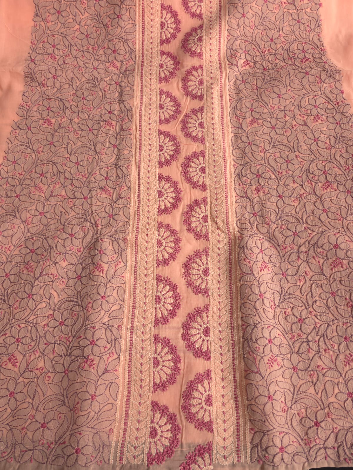 Peach color designer full set with contrast superfine chikankari