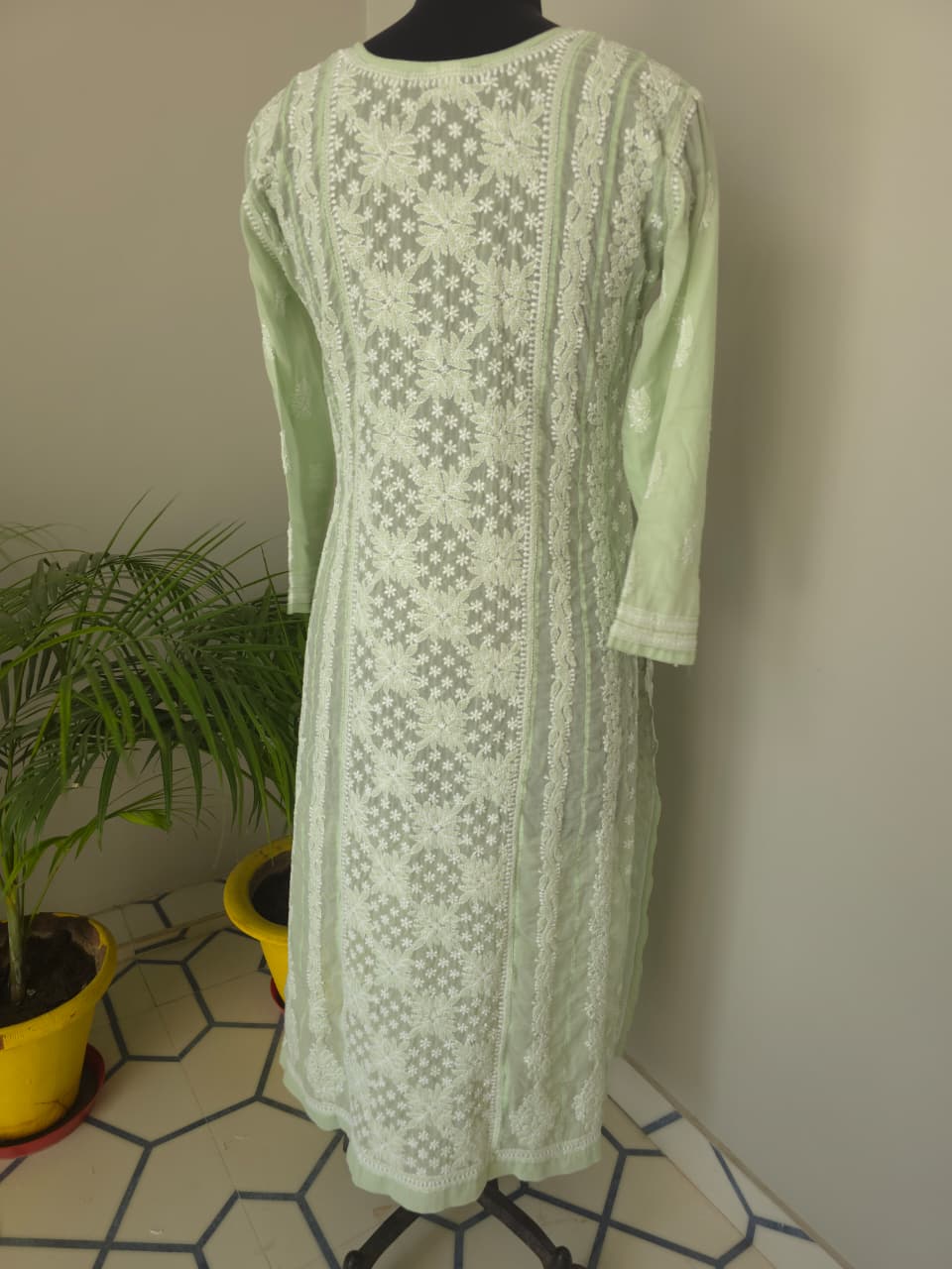 Sage green Cotton Anarklai with Front Back full embroidered