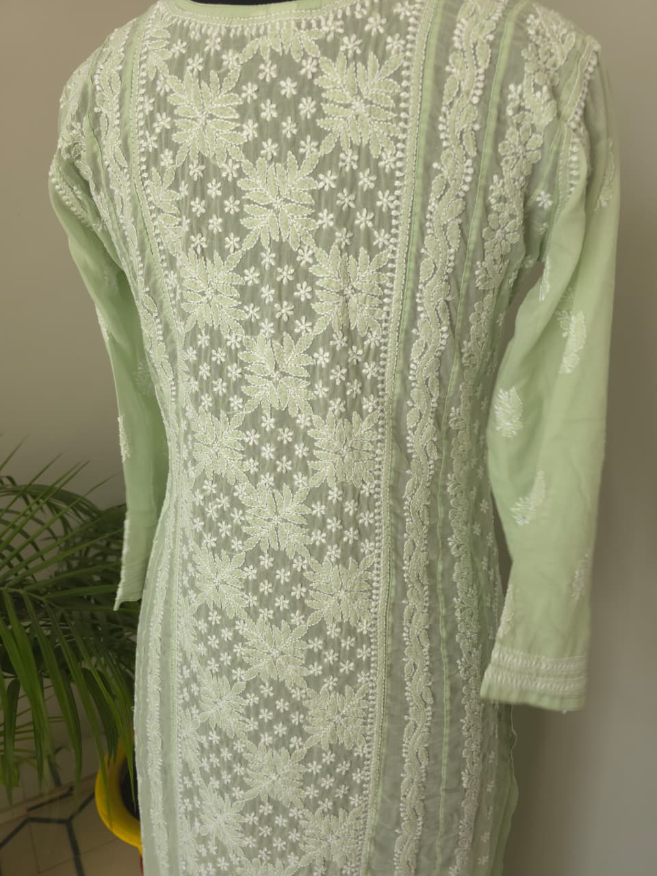 Sage green Cotton Anarklai with Front Back full embroidered