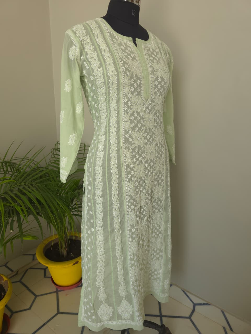 Sage green Cotton Anarklai with Front Back full embroidered
