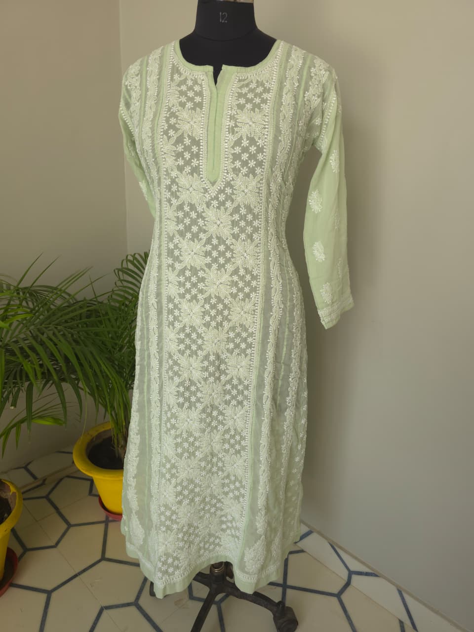 Sage green Cotton Anarklai with Front Back full embroidered