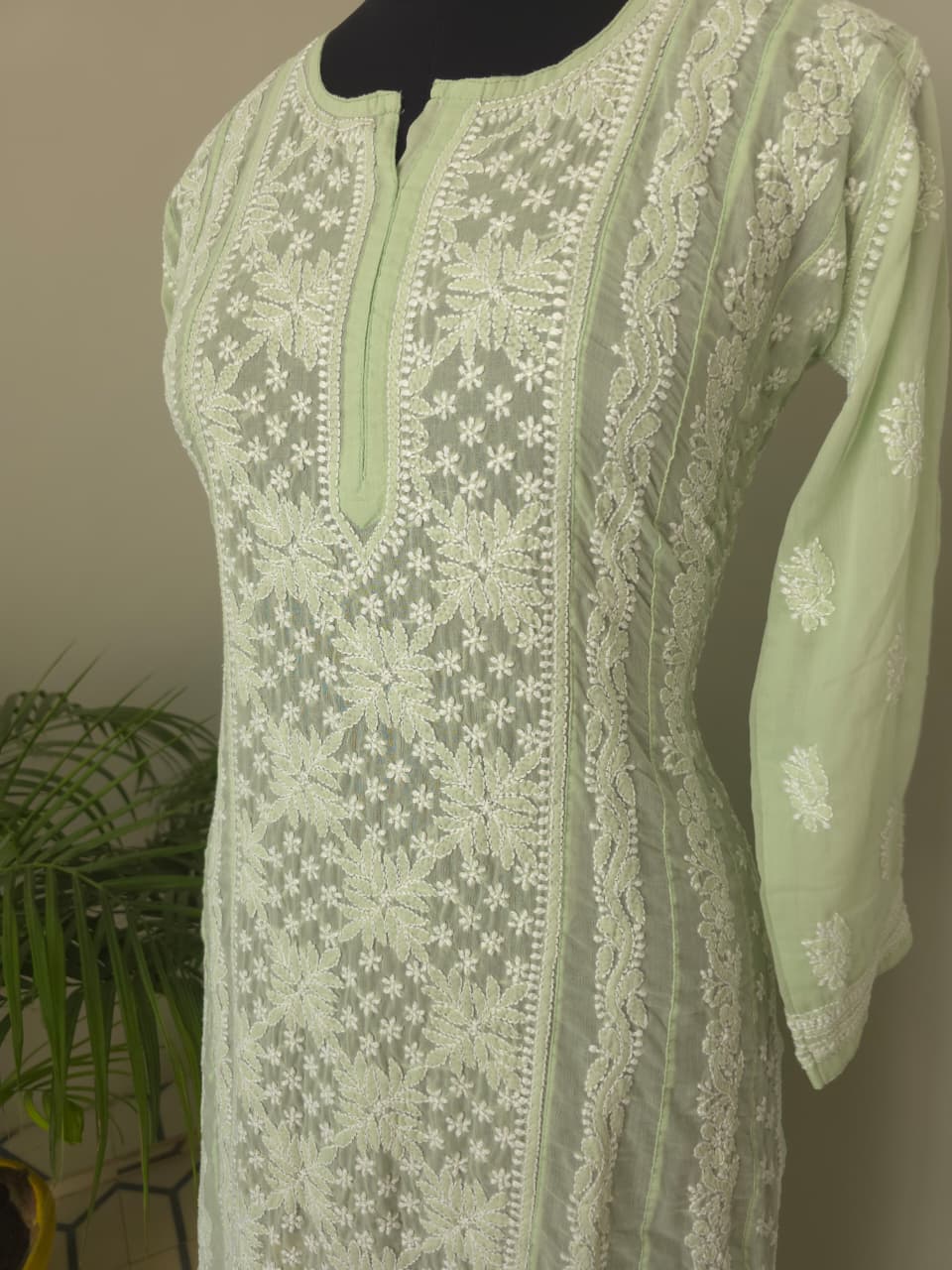 Sage green Cotton Anarklai with Front Back full embroidered