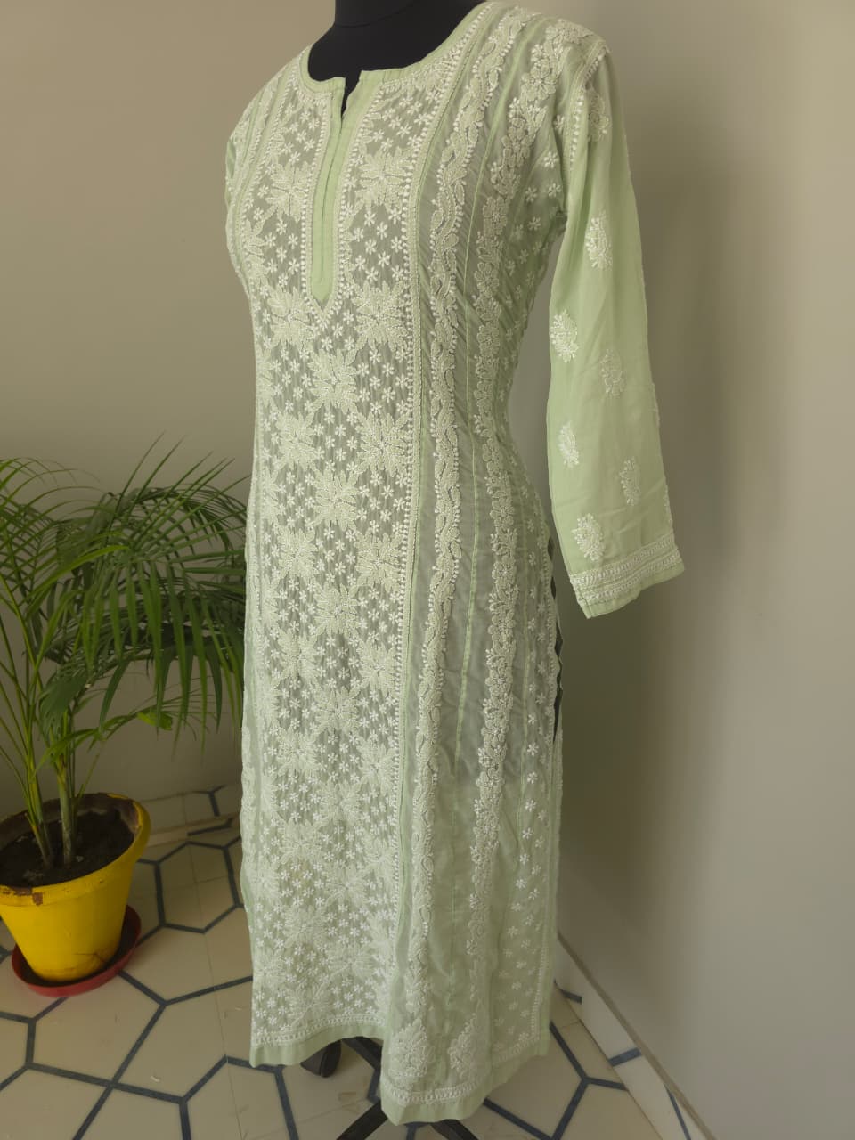 Sage green Cotton Anarklai with Front Back full embroidered