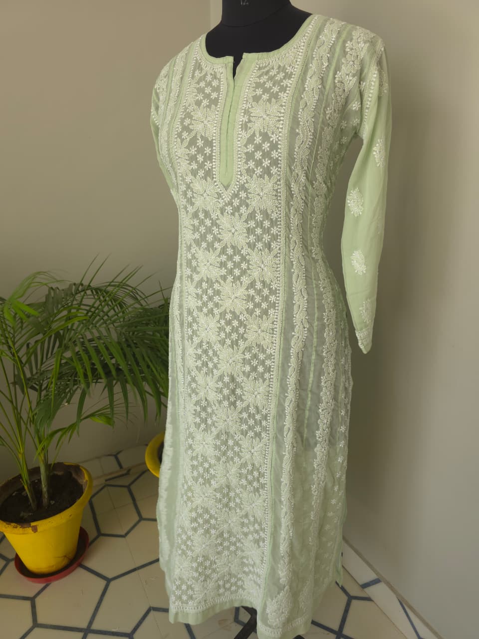Sage green Cotton Anarklai with Front Back full embroidered