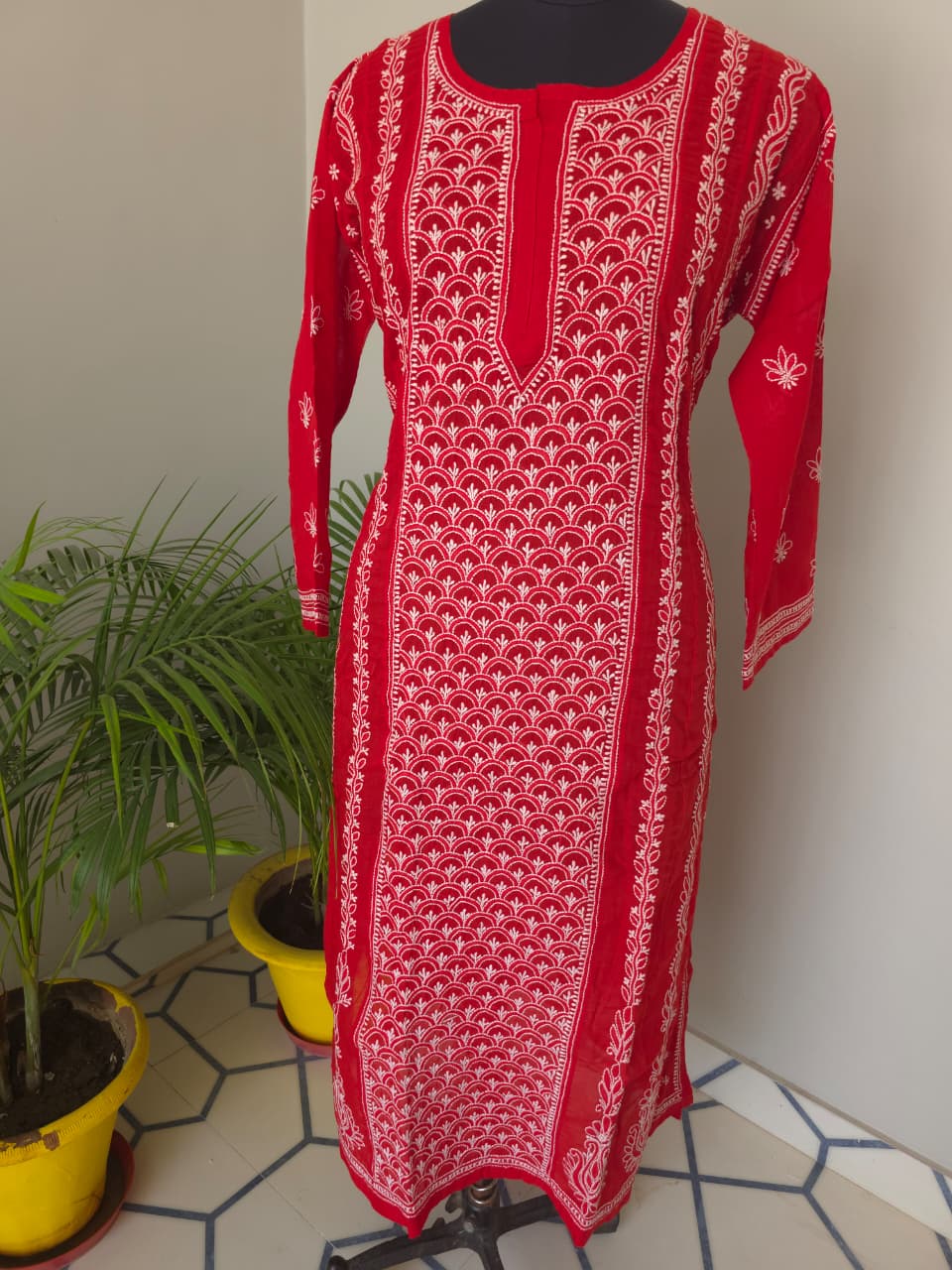 Red Soft Cotton Anarkali with Front  Back full work