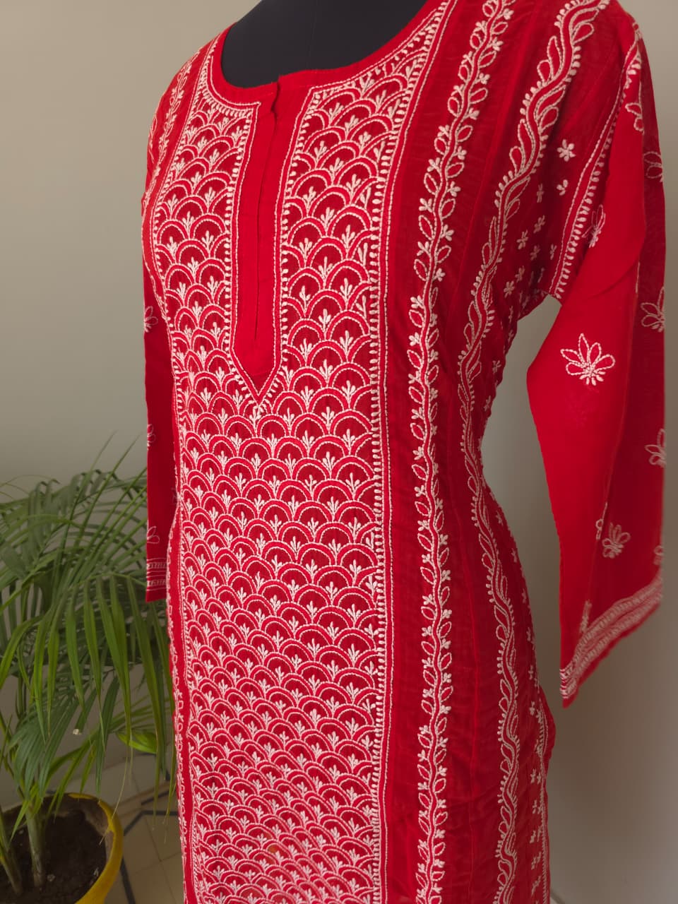Red Soft Cotton Anarkali with Front Back full work