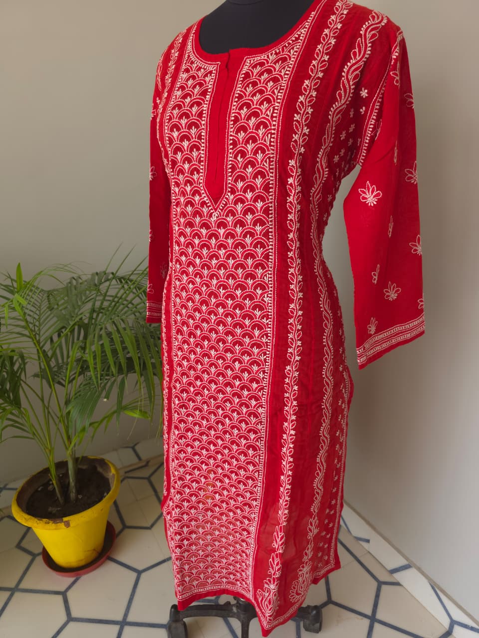 Red Soft Cotton Anarkali with Front Back full work