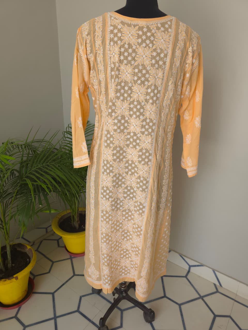 Bright Peach Soft Cotton Anarkali with Front  Back full work