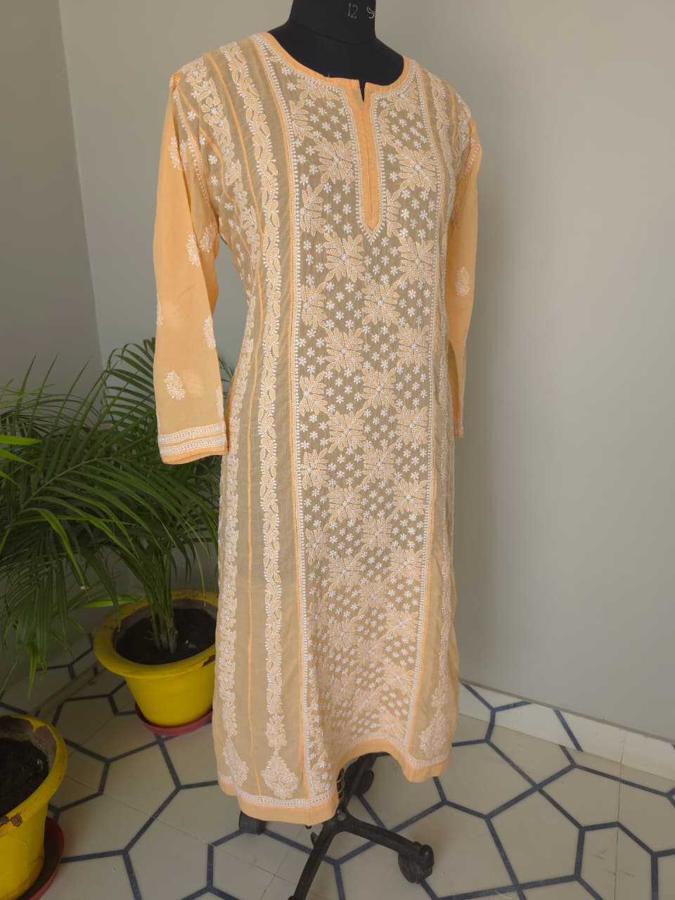 Bright Peach Soft Cotton Anarkali with Front Back full work