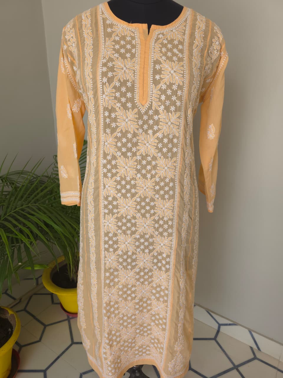 Bright Peach Soft Cotton Anarkali with Front Back full work