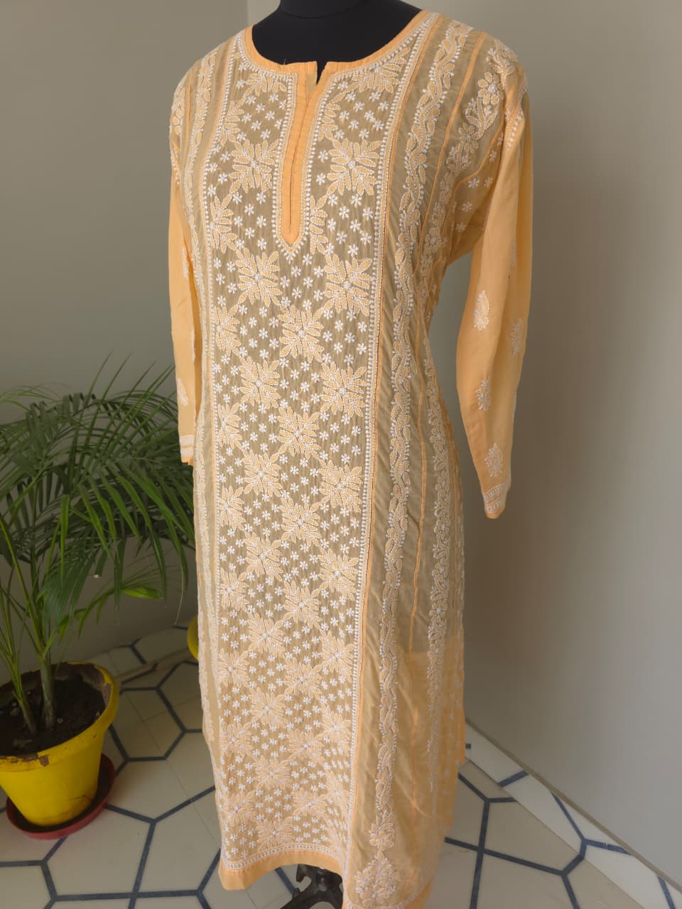 Bright Peach Soft Cotton Anarkali with Front  Back full work