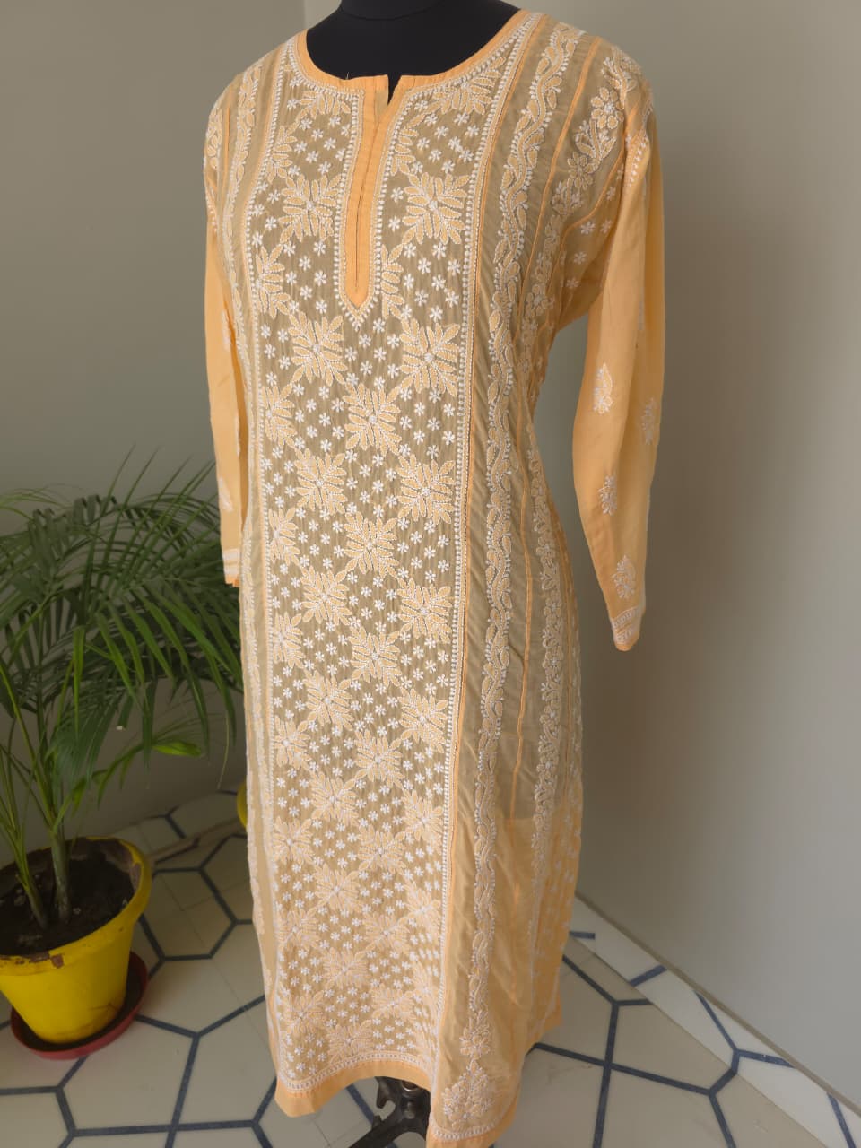 Bright Peach Soft Cotton Anarkali with Front Back full work