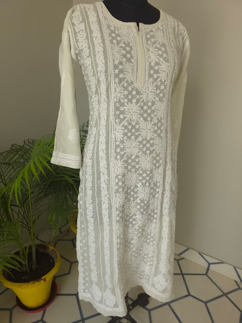 Almond color soft cotton Anarkali with Front and Back full work