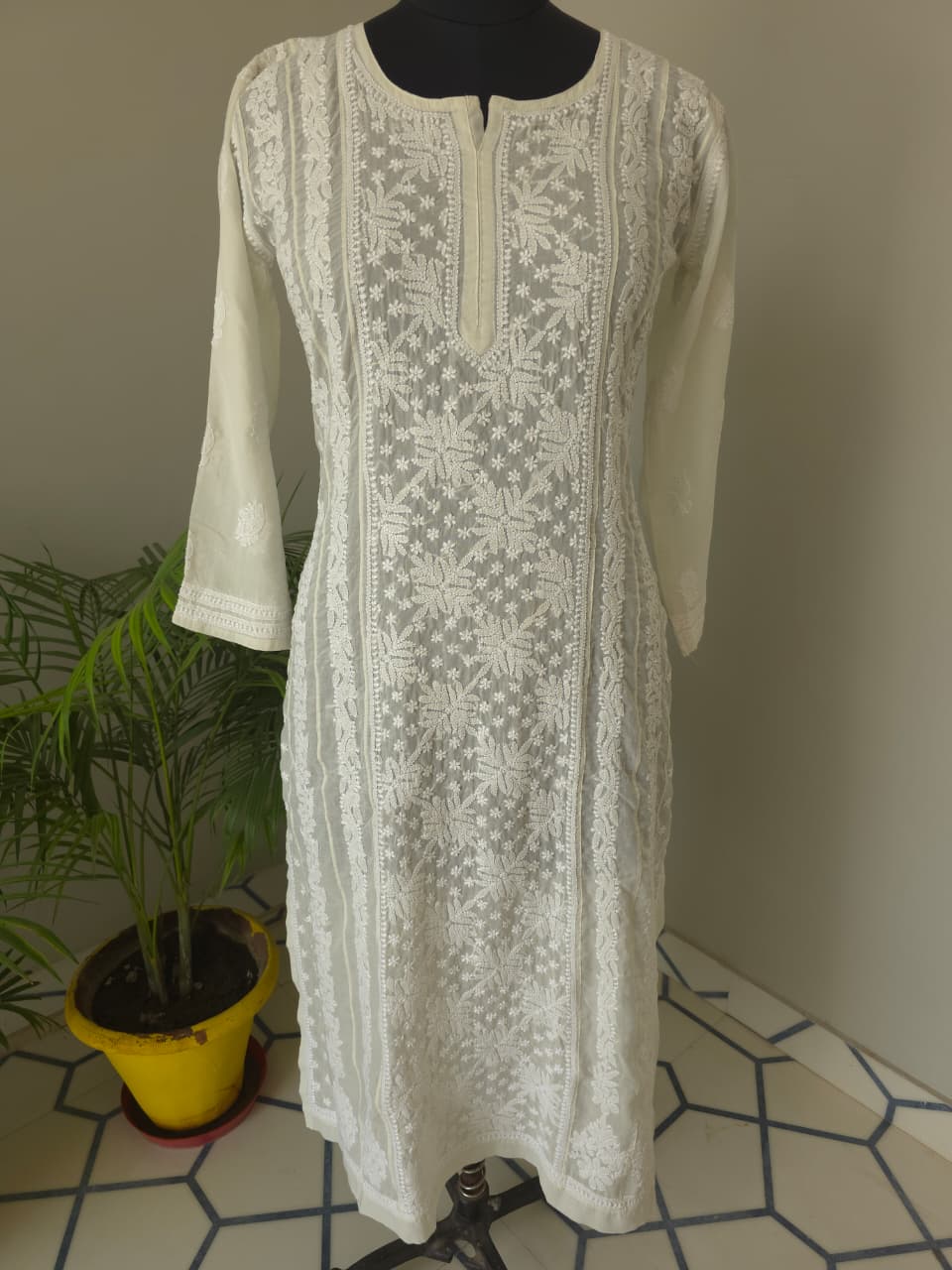 Almond color soft cotton Anarkali with Front and Back full work