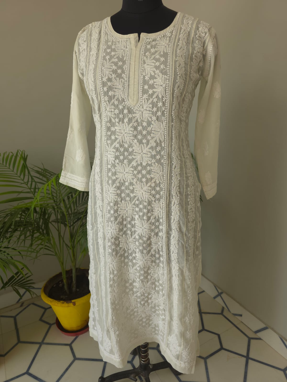 Almond color soft cotton Anarkali with Front and Back full work