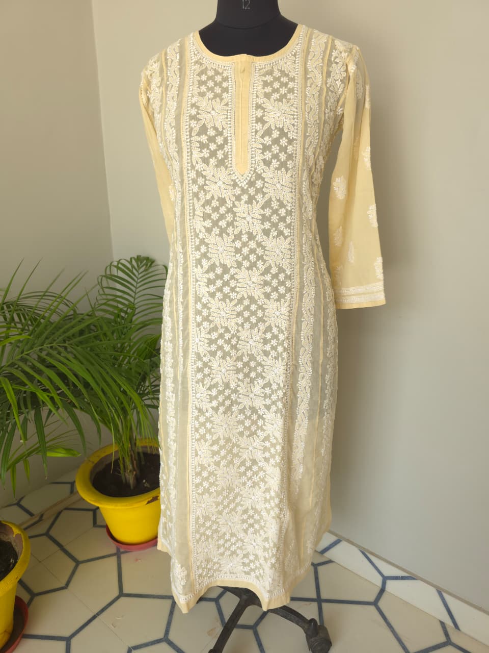 Beige Soft Cotton Anarkali with Front Back full work