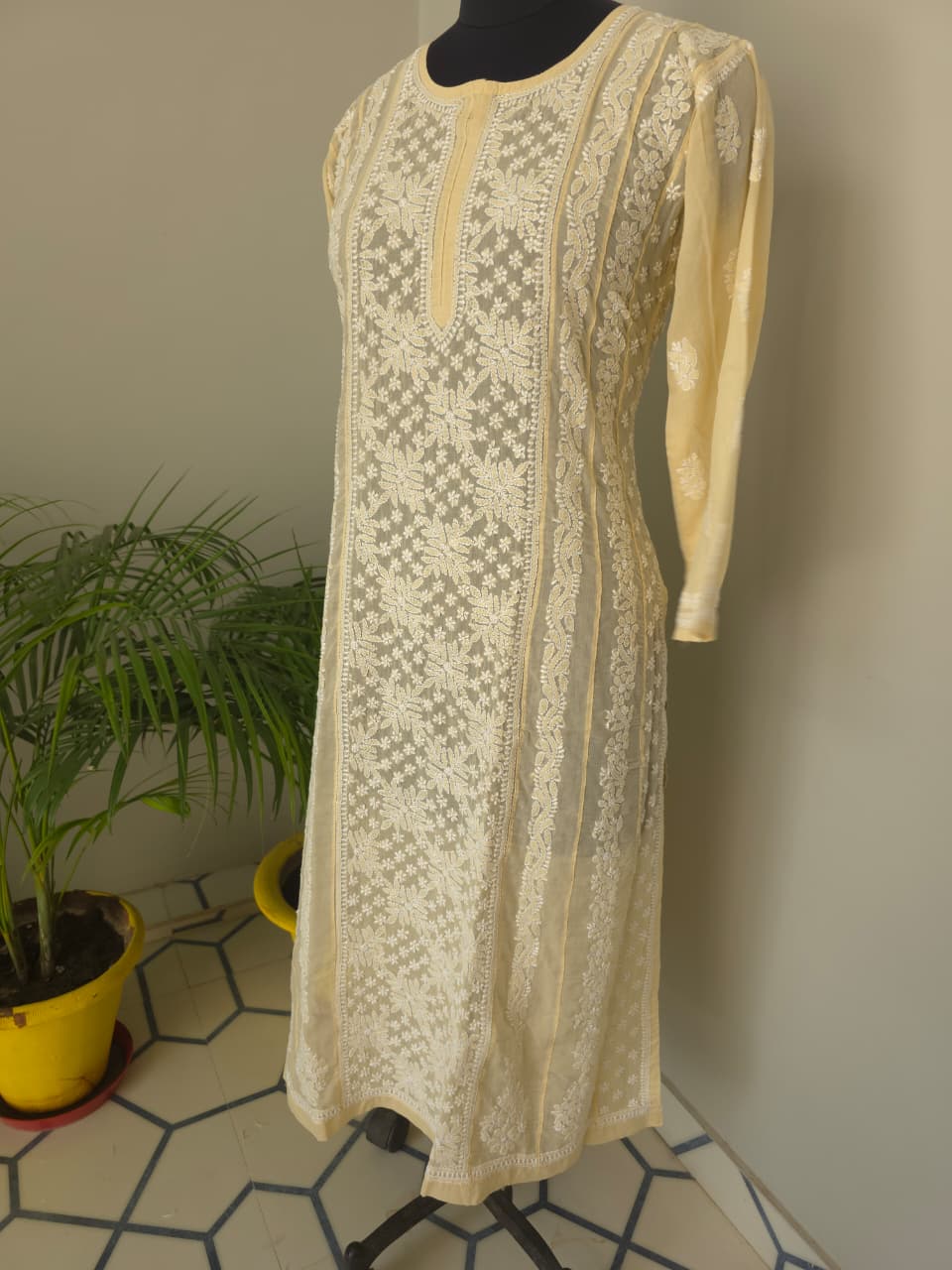 Beige Soft Cotton Anarkali with Front Back full work