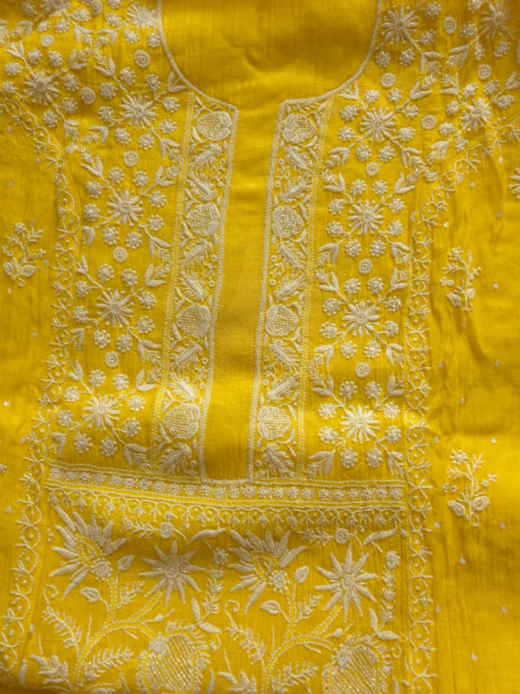Image of Mango Yellow Mul chanderi Kurta dupatta set with fine handwork