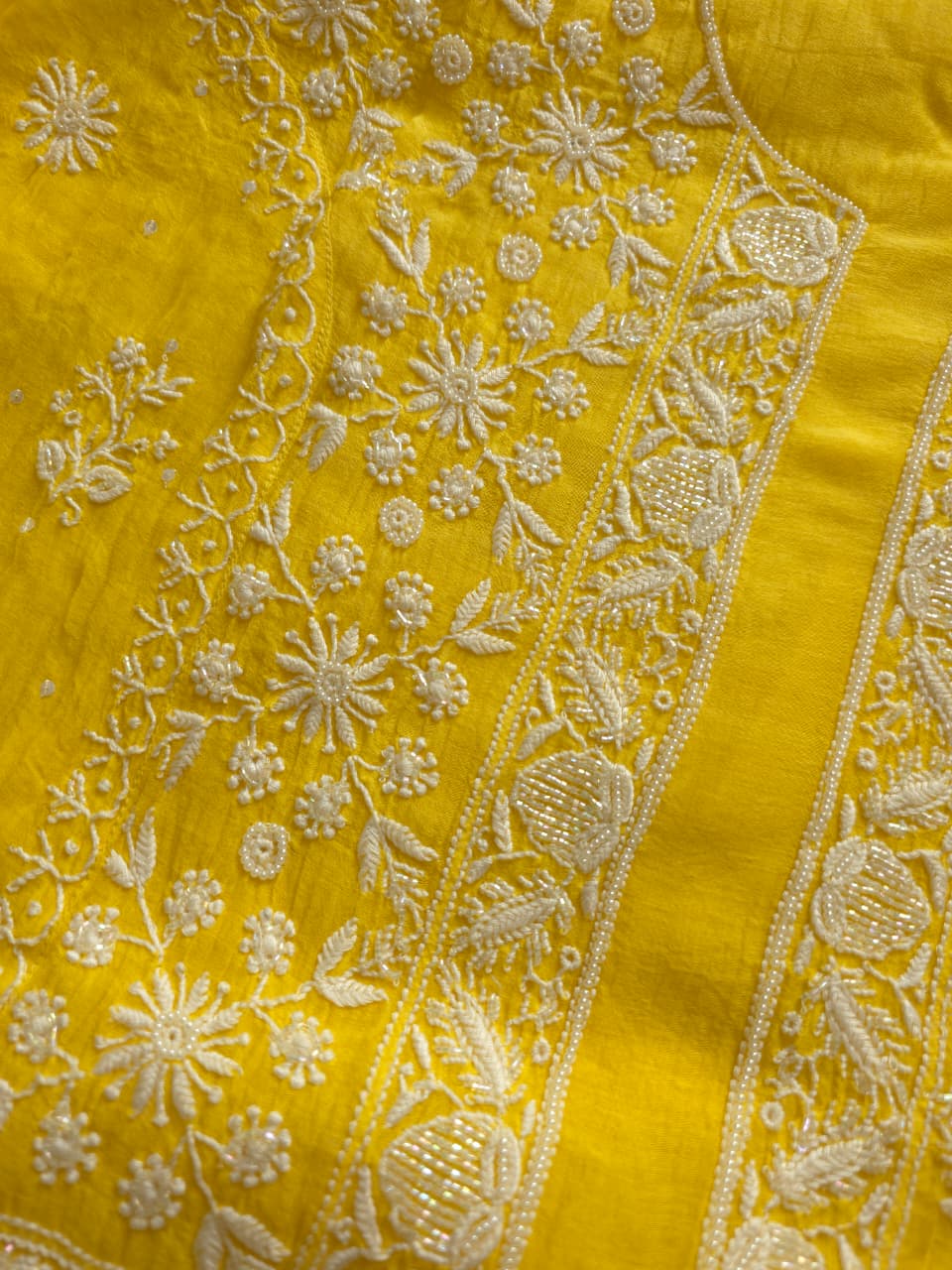 Mango Yellow Mul chanderi Kurta dupatta set with fine handwork