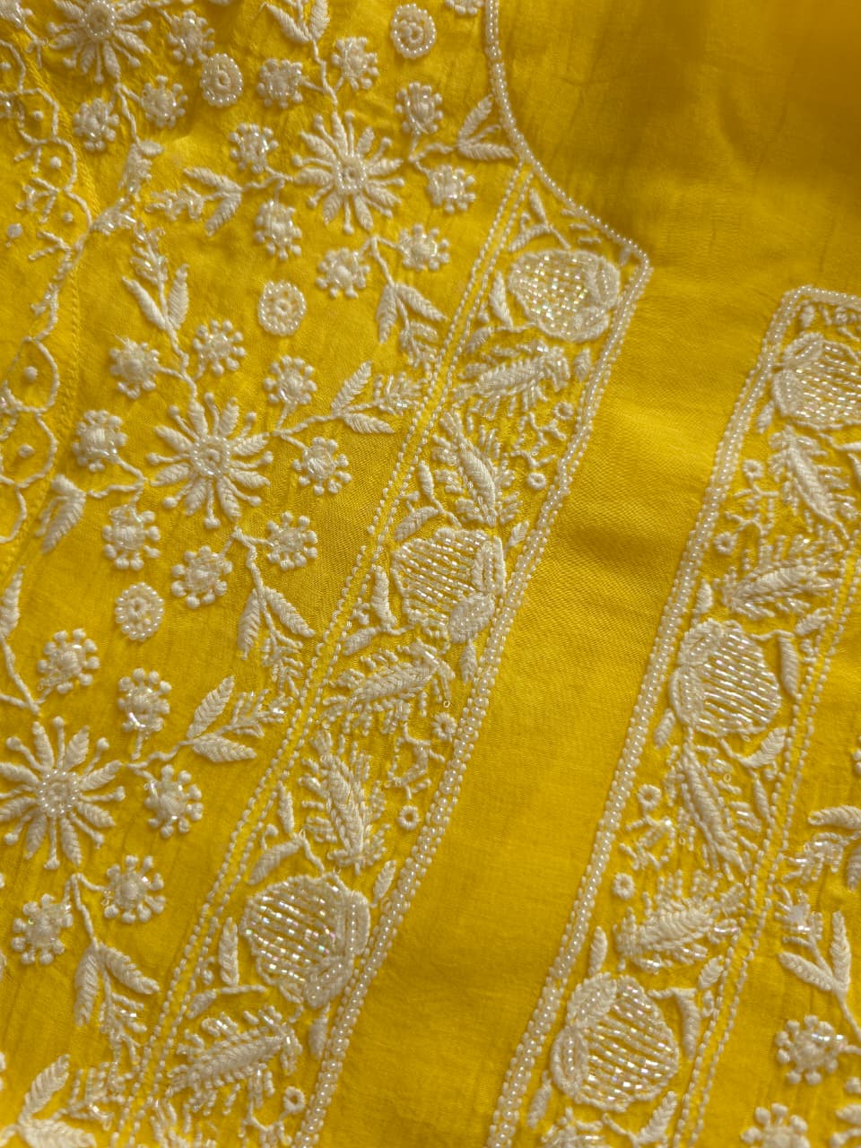 Mango Yellow Mul chanderi Kurta dupatta set with fine handwork