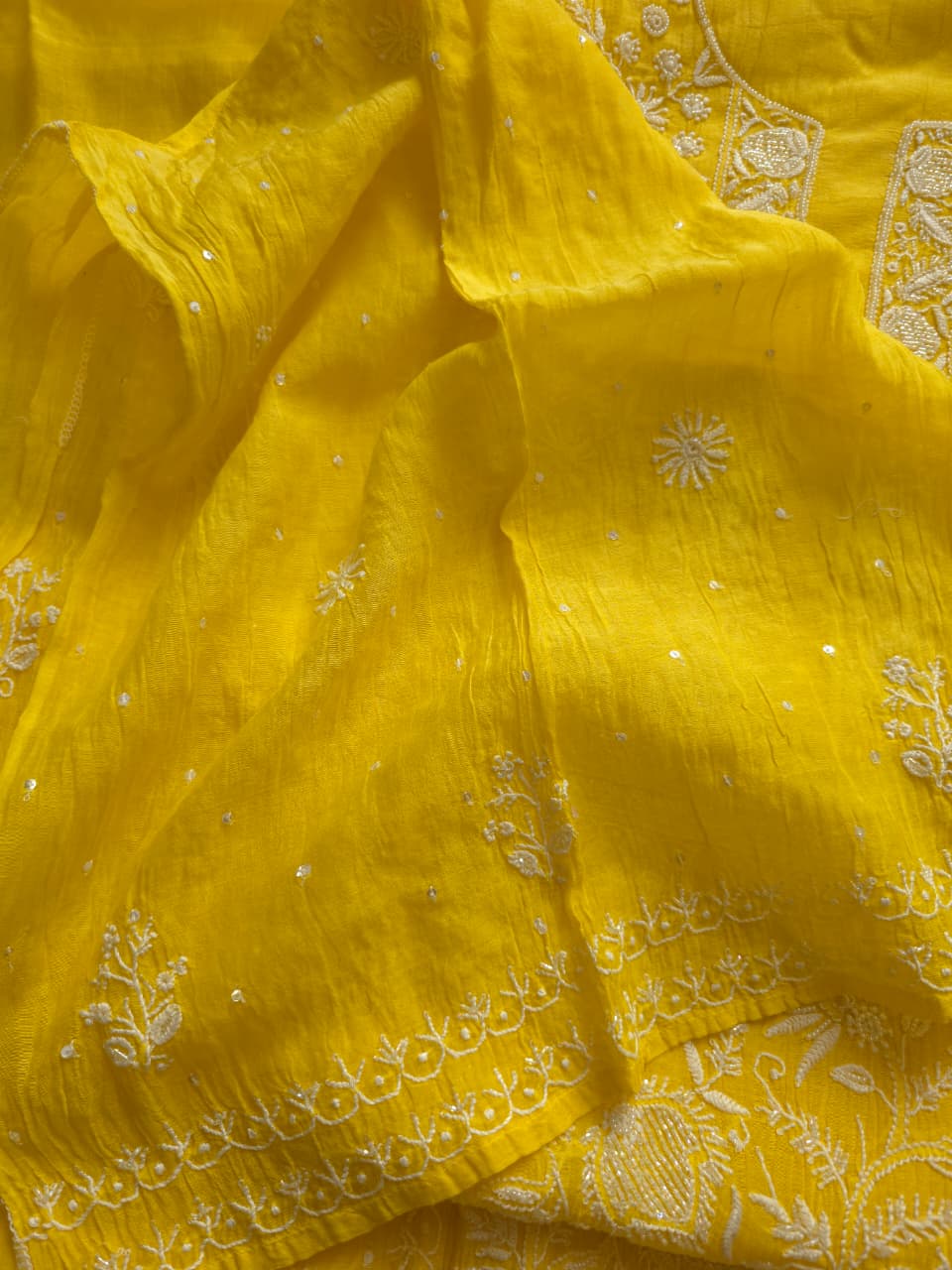 Mango Yellow Mul chanderi Kurta dupatta set with fine handwork