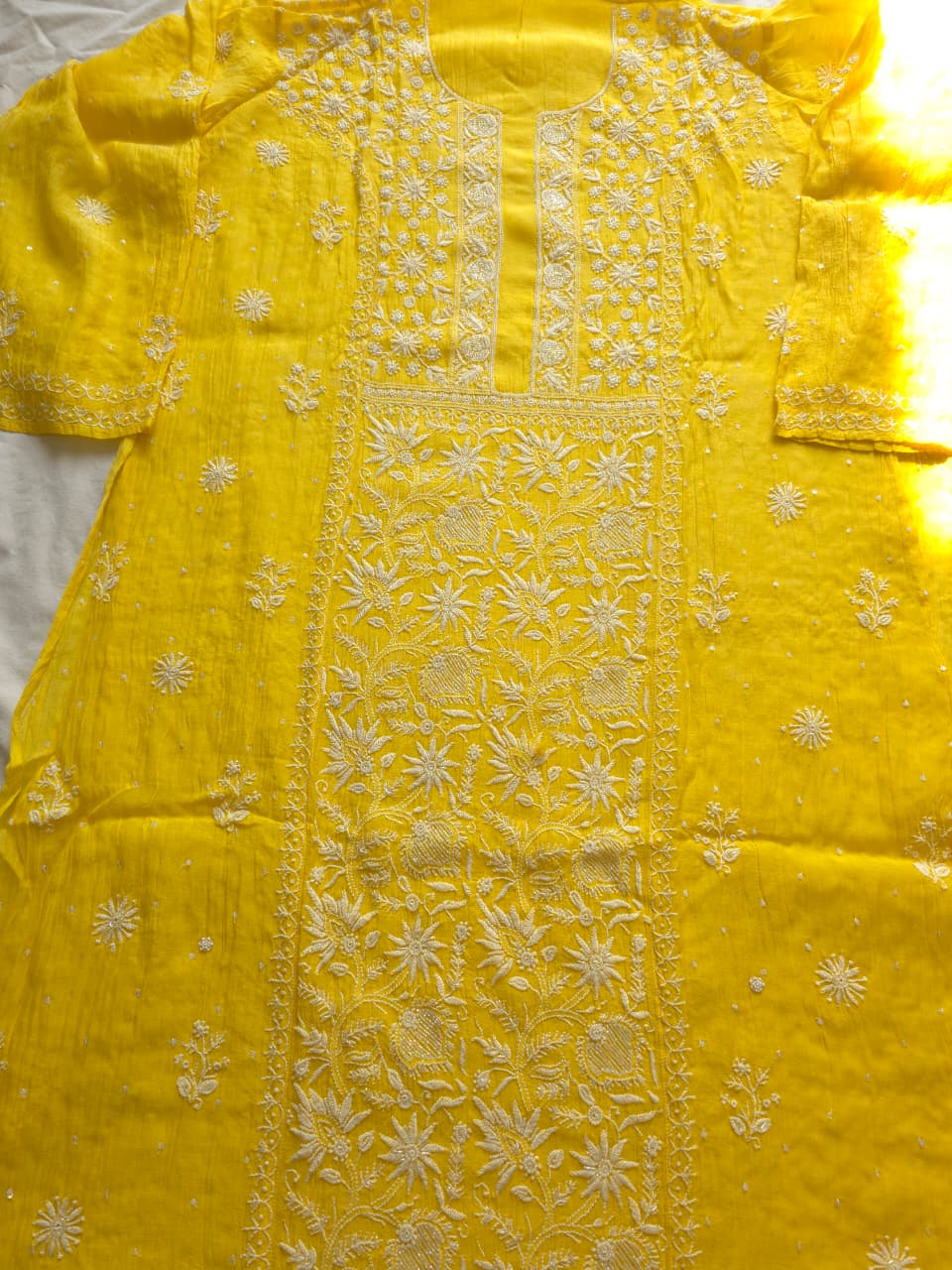 Mango Yellow Mul chanderi Kurta dupatta set with fine handwork
