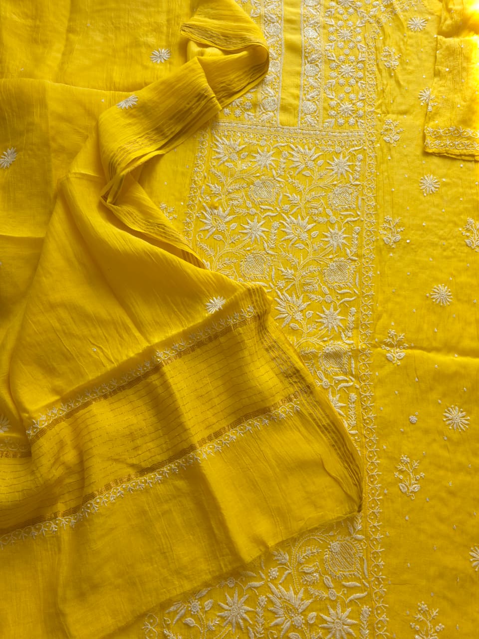 Mango Yellow Mul chanderi Kurta dupatta set with fine handwork