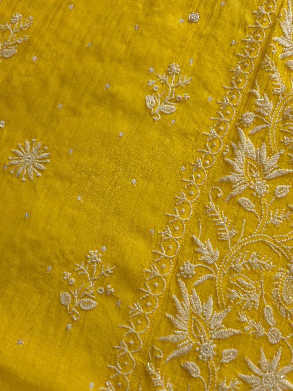 Mango Yellow Mul chanderi Kurta dupatta set with fine handwork