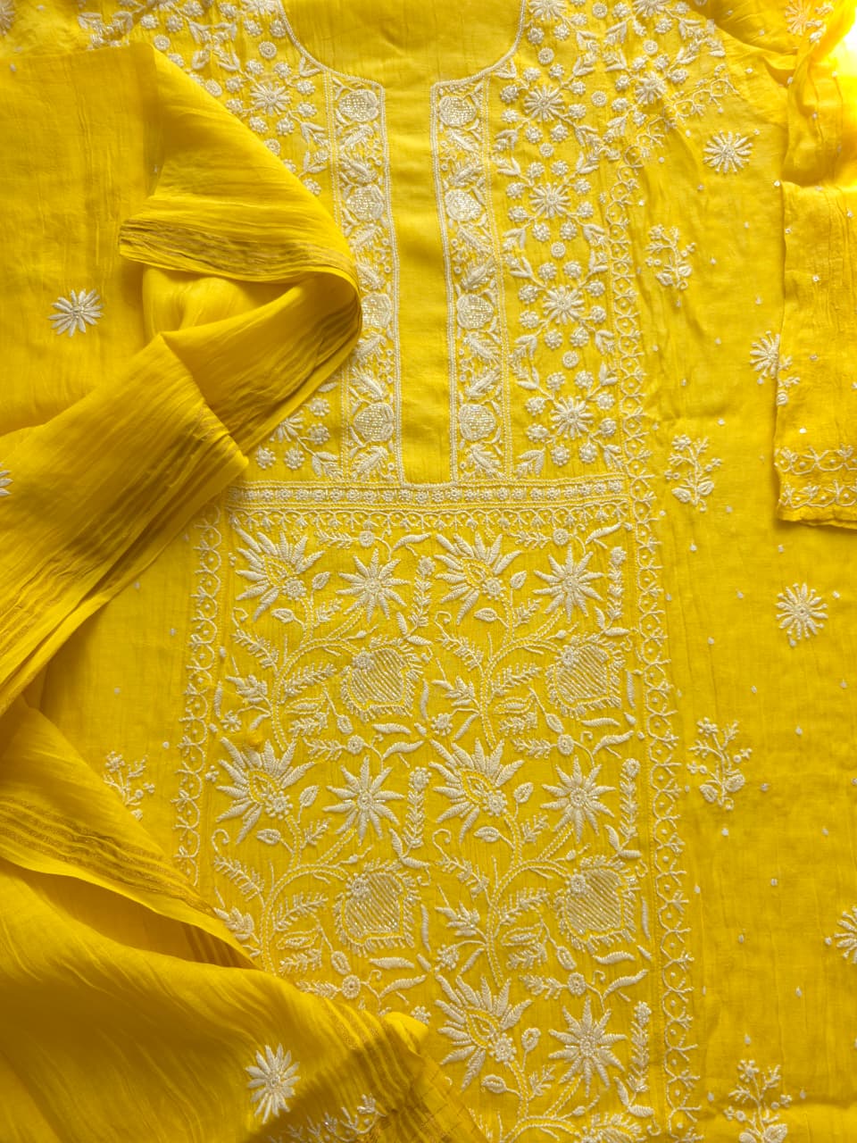 Mango Yellow Mul chanderi Kurta dupatta set with fine handwork