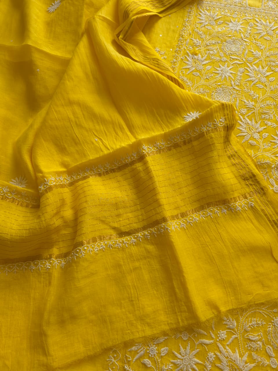 Mango Yellow Mul chanderi Kurta dupatta set with fine handwork