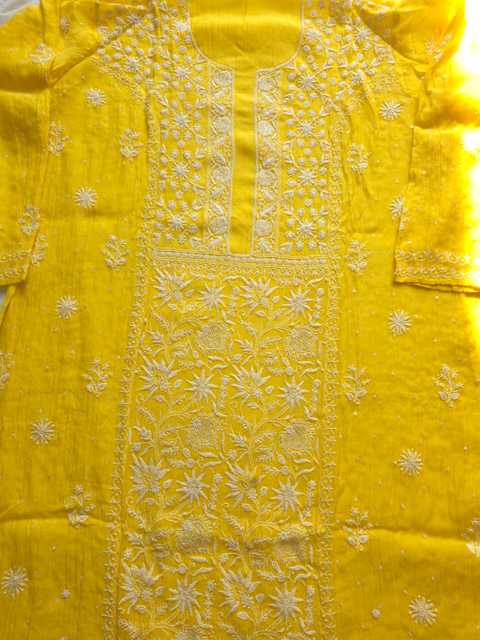 Mango Yellow Mul chanderi Kurta dupatta set with fine handwork