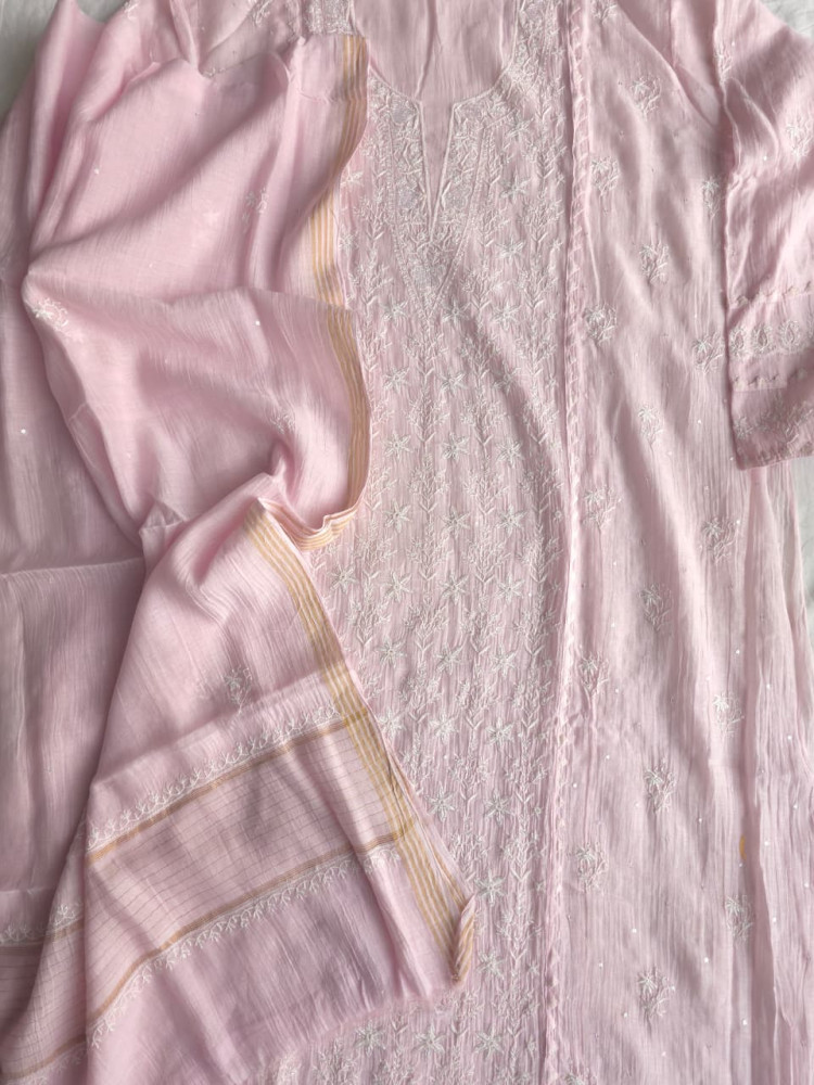 Image of Baby Pink Mul Chanderi Semistitched set with Fine handwork