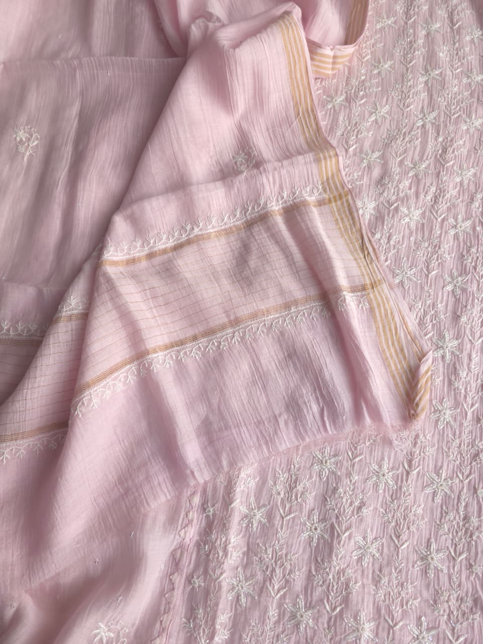Baby Pink Mul Chanderi Semistitched set with Fine handwork