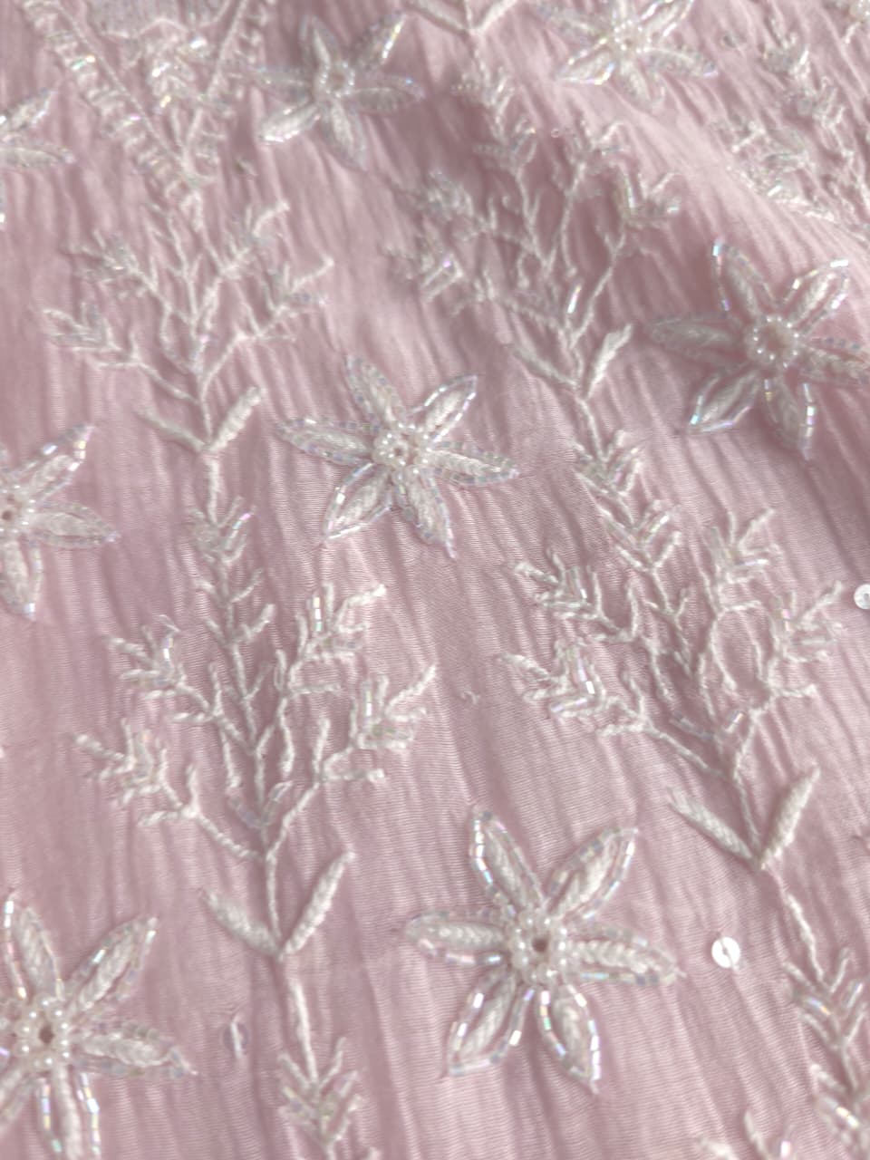 Baby Pink Mul Chanderi Semistitched set with Fine handwork