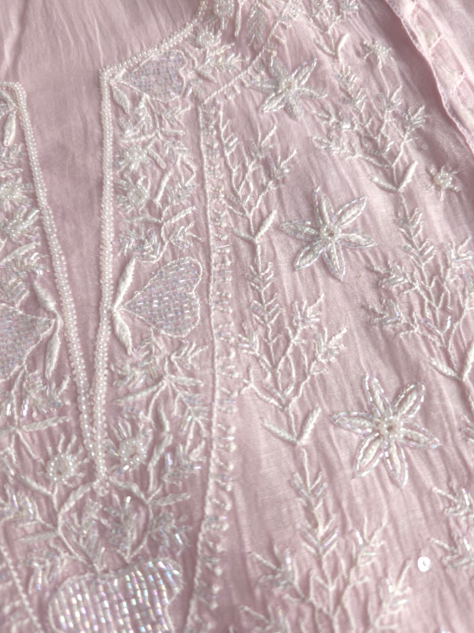 Baby Pink Mul Chanderi Semistitched set with Fine handwork