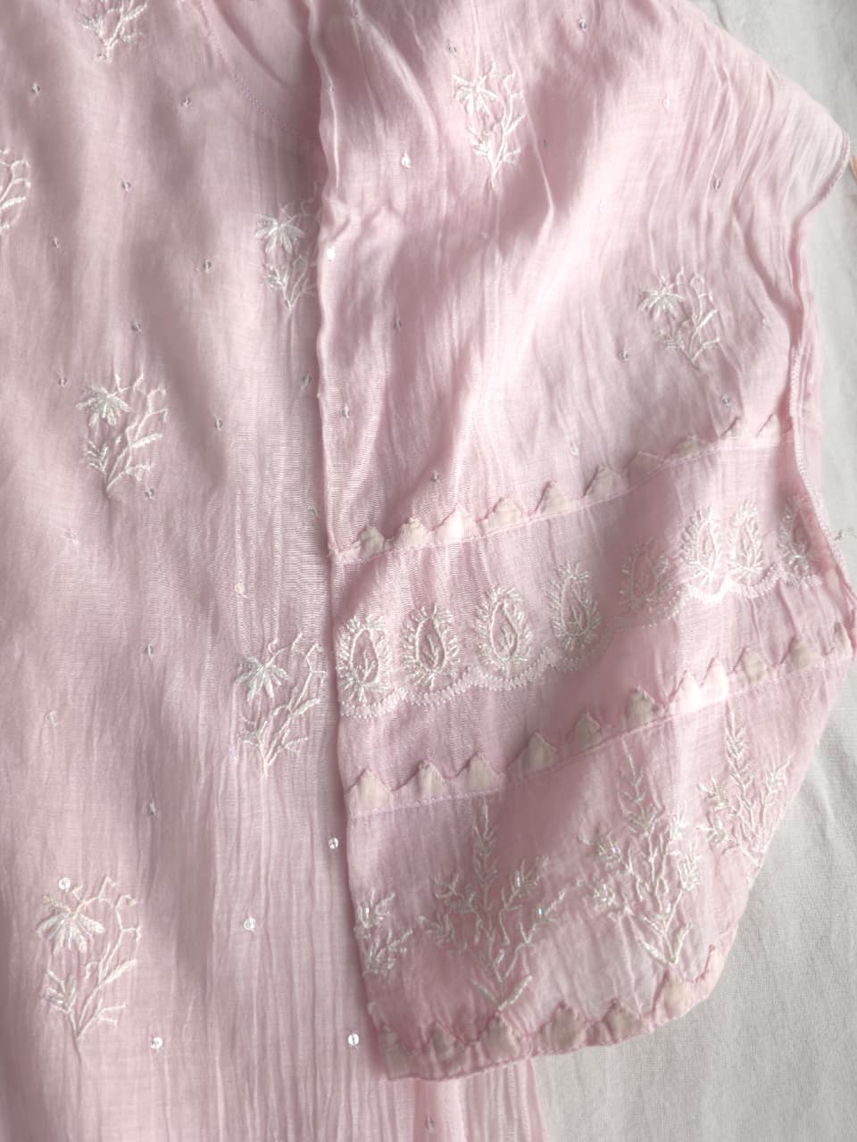 Baby Pink Mul Chanderi Semistitched set with Fine handwork