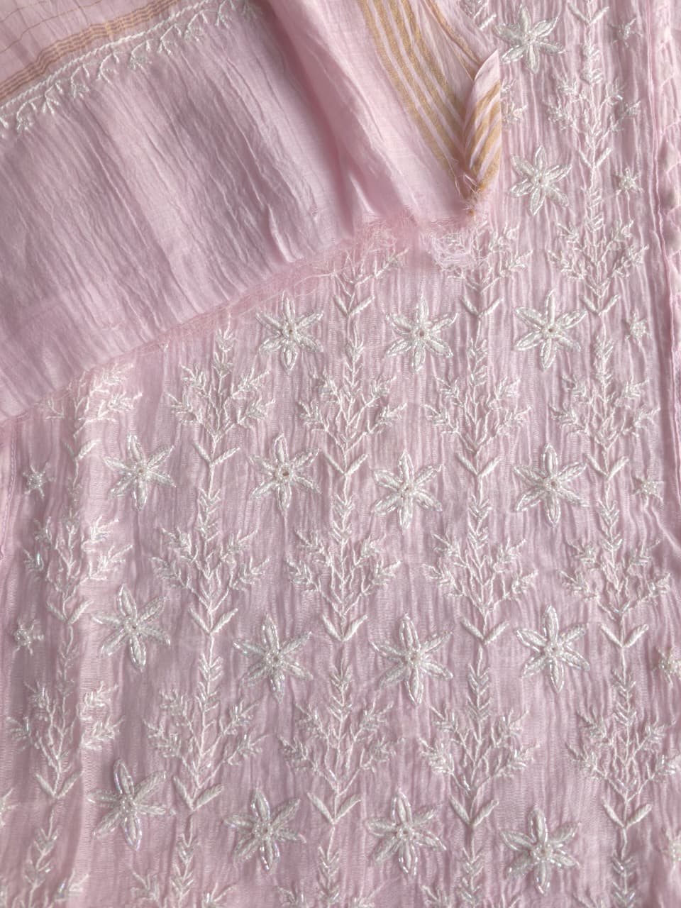 Baby Pink Mul Chanderi Semistitched set with Fine handwork
