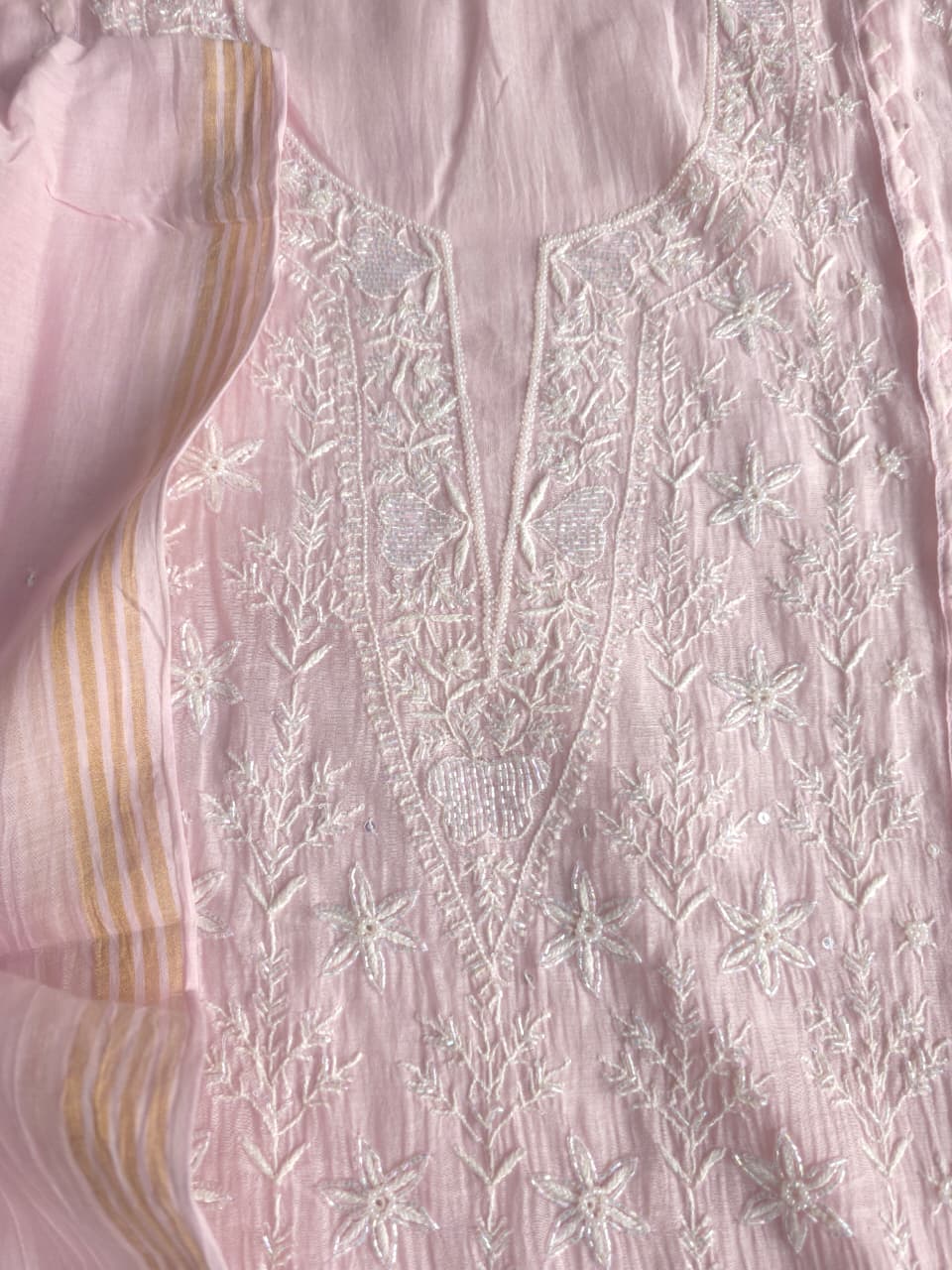 Baby Pink Mul Chanderi Semistitched set with Fine handwork
