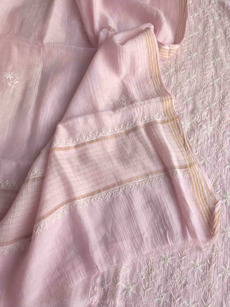 Baby Pink Mul Chanderi Semistitched set with Fine handwork