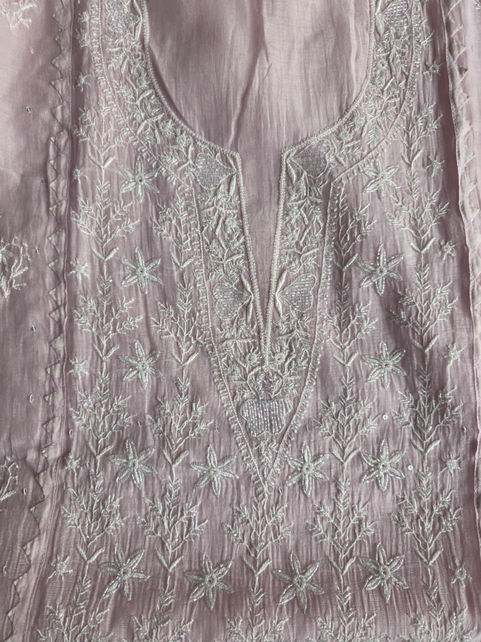 Baby Pink Mul Chanderi Semistitched set with Fine handwork