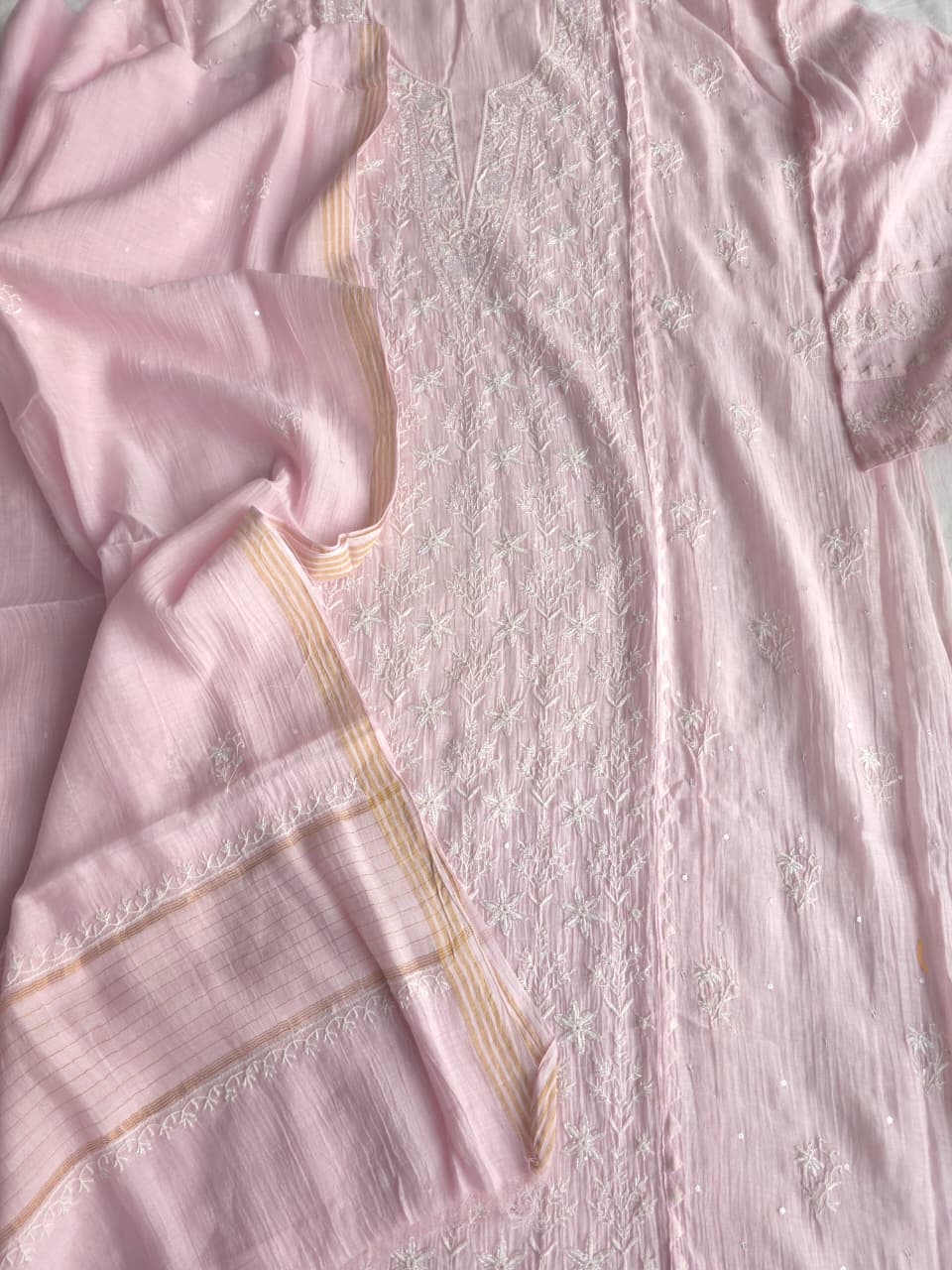 Baby Pink Mul Chanderi Semistitched set with Fine handwork
